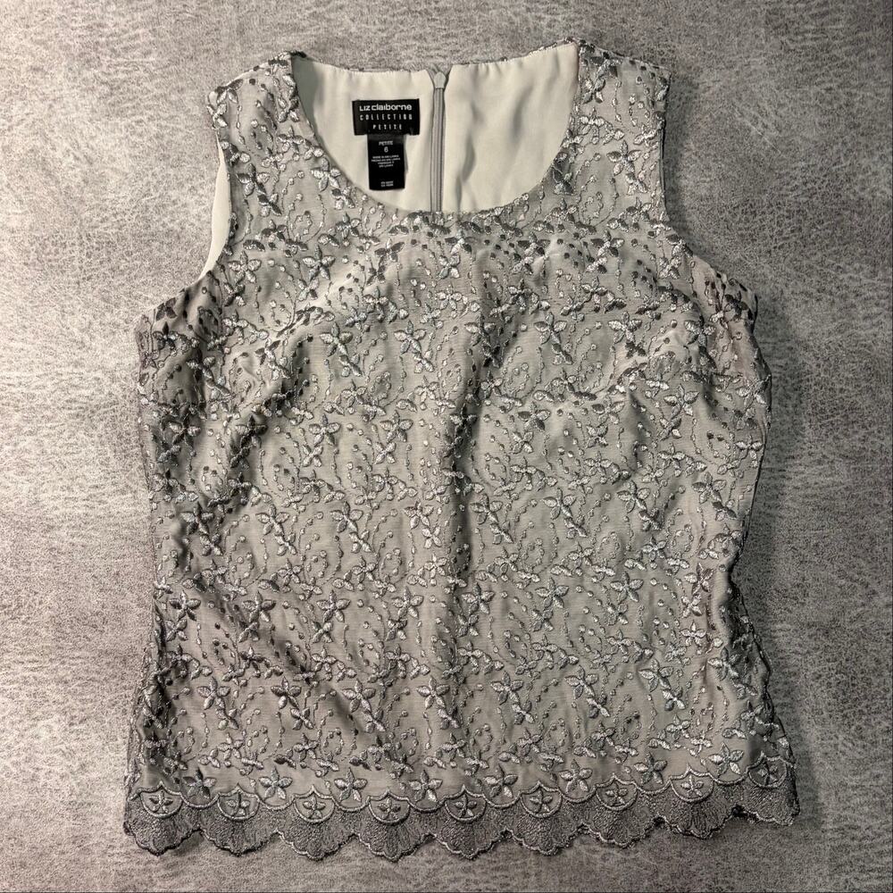 Vintage Liz Claiborne Gray Floral Embroidered Tank